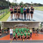 Estudantes na pista de atletismo e na quadra poliesportiva.